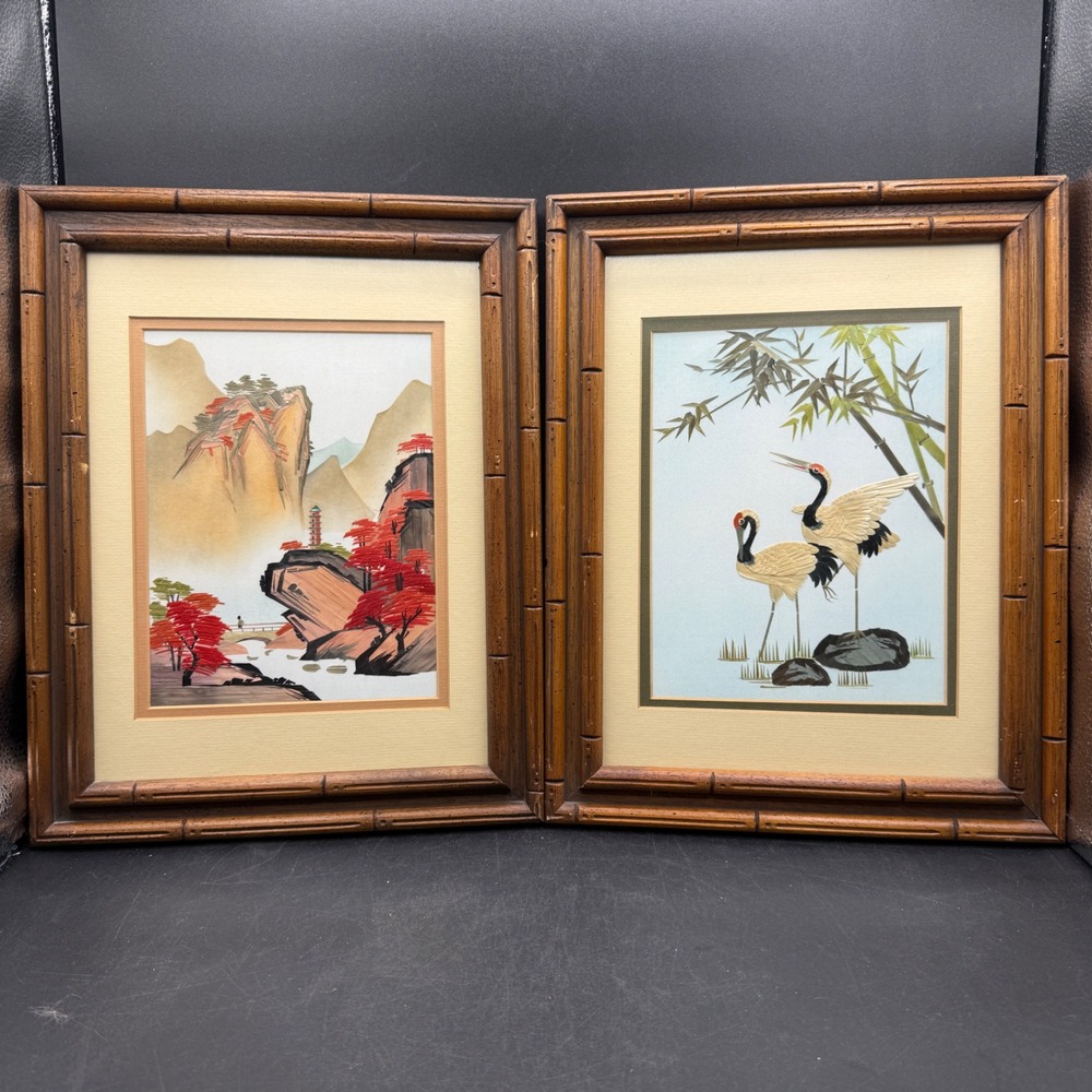 Vintage Framed Silk Straw Art Asian Landscape Cranes Bamboo Set 2 MCM
